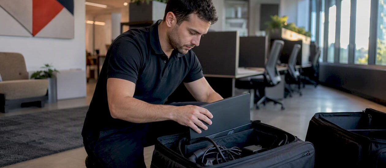 Mover packing office equipment carefully