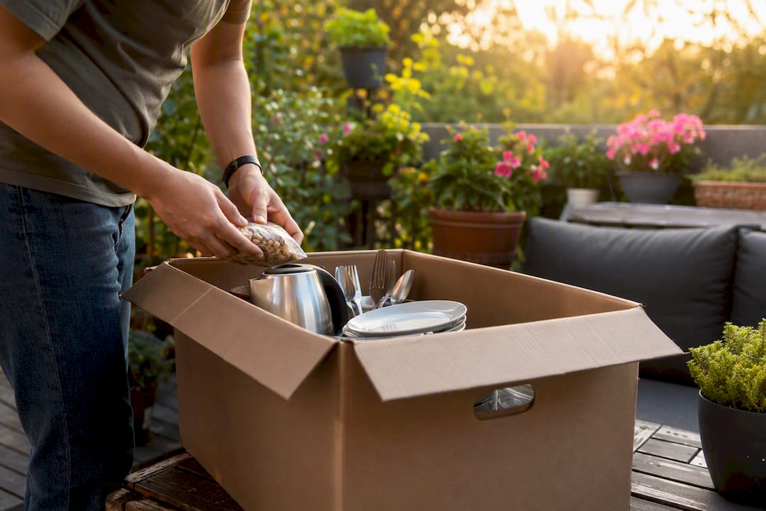 Hands packing moving essentials box in kitchen