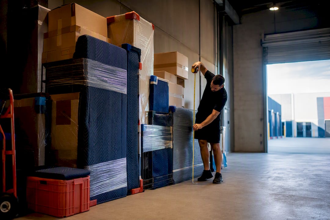 Removalist measuring household goods in warehouse