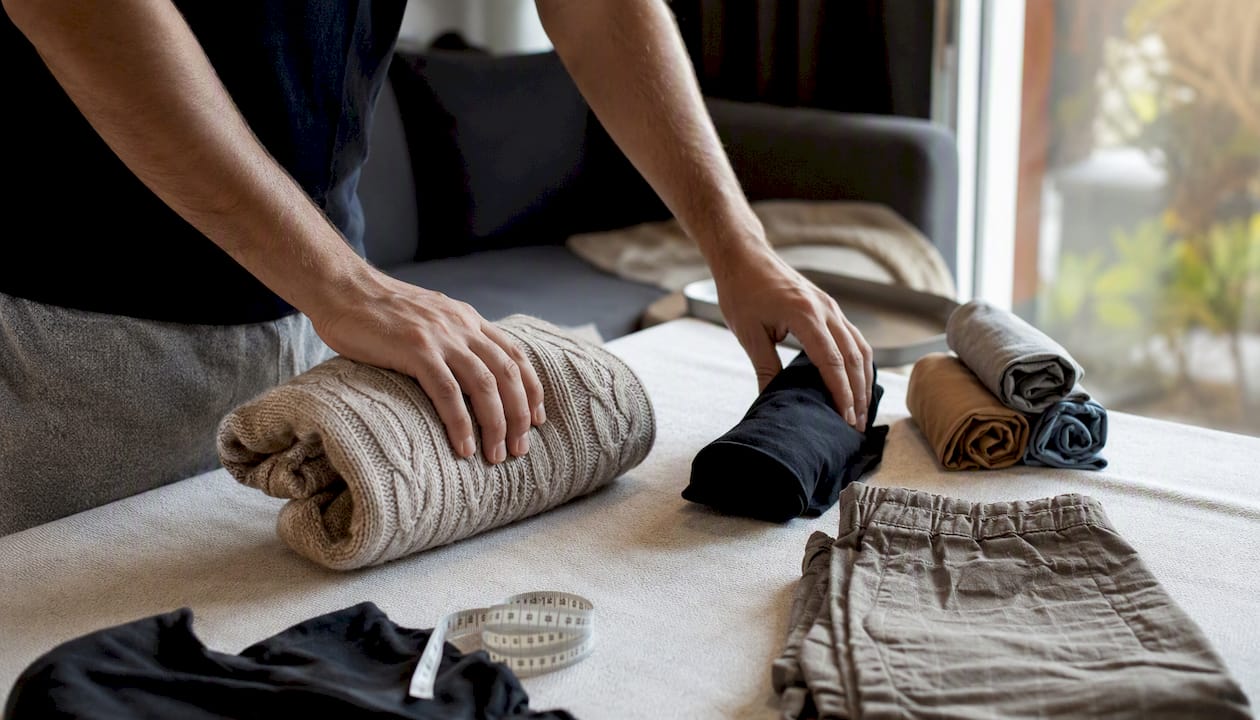 Hands folding and rolling clothes on table