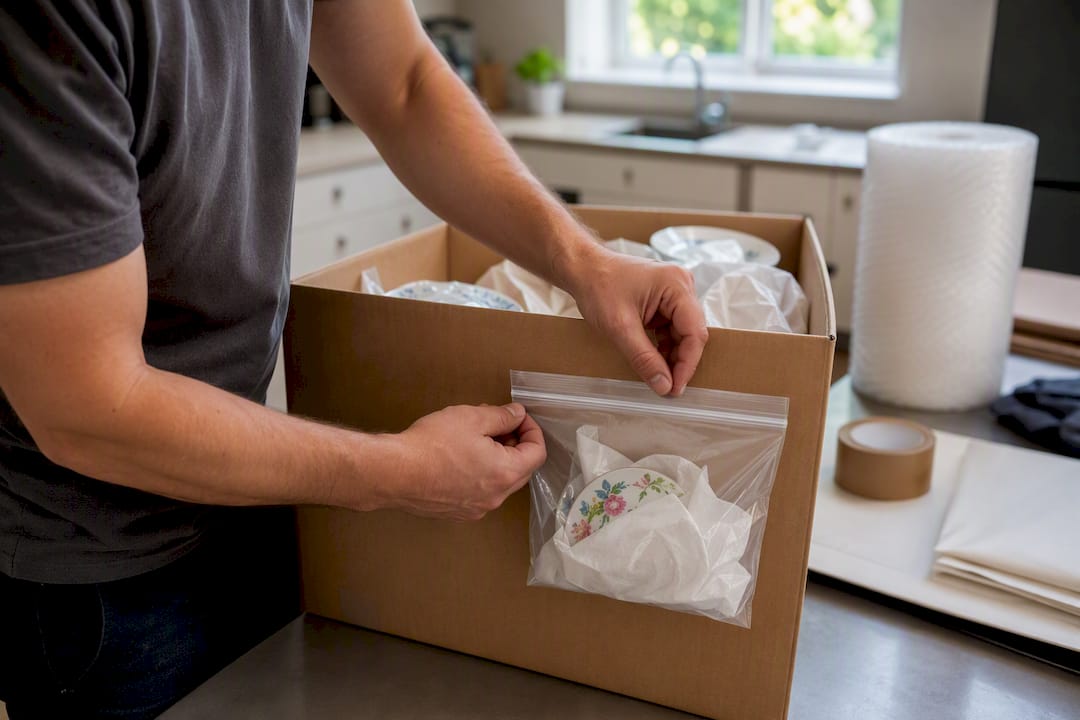 Hands taping labelled pouch of screws to furniture drawer