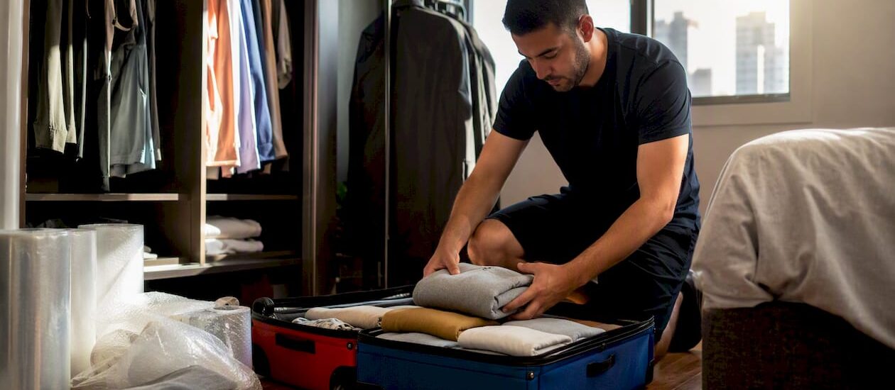 Hands packing clothes in garment bag and wardrobe box