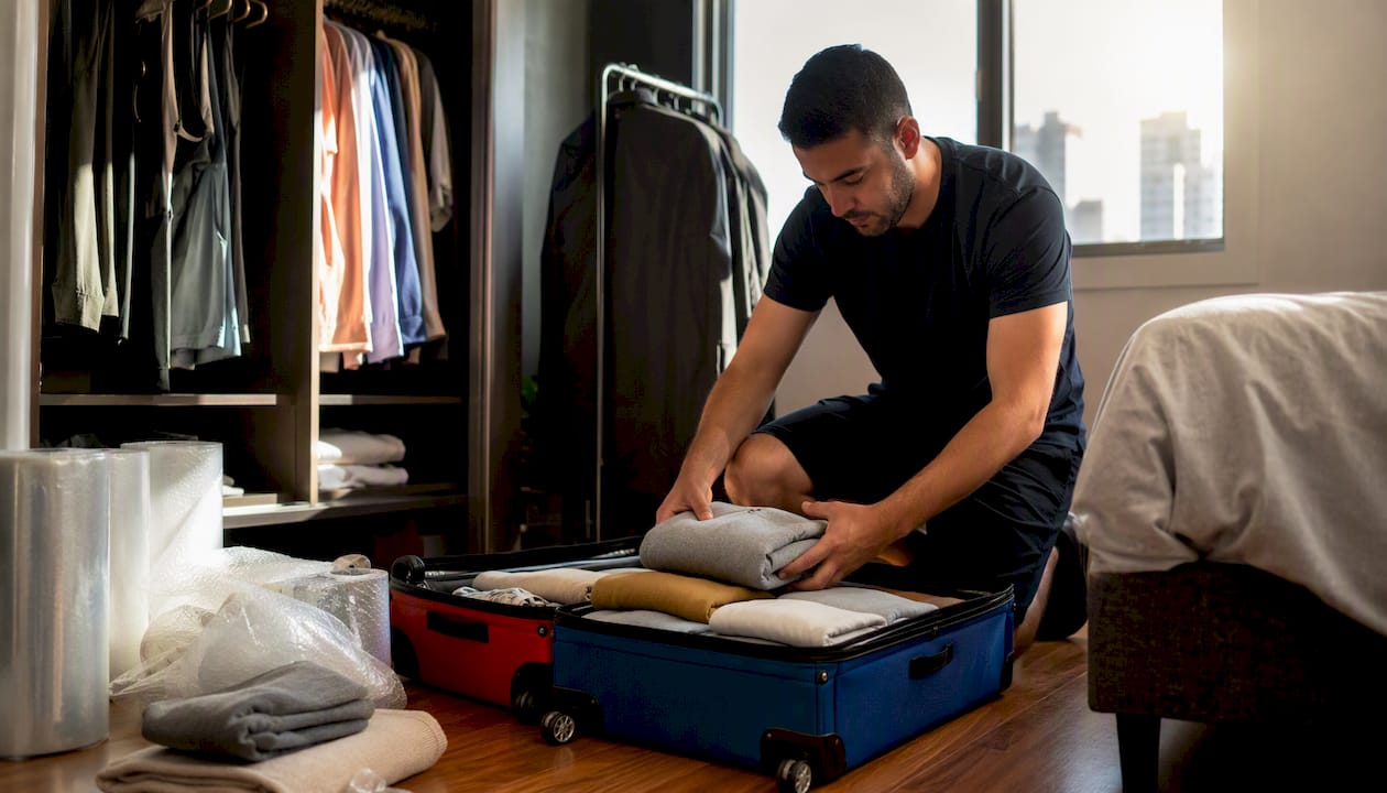 Hands packing clothes in garment bag and wardrobe box