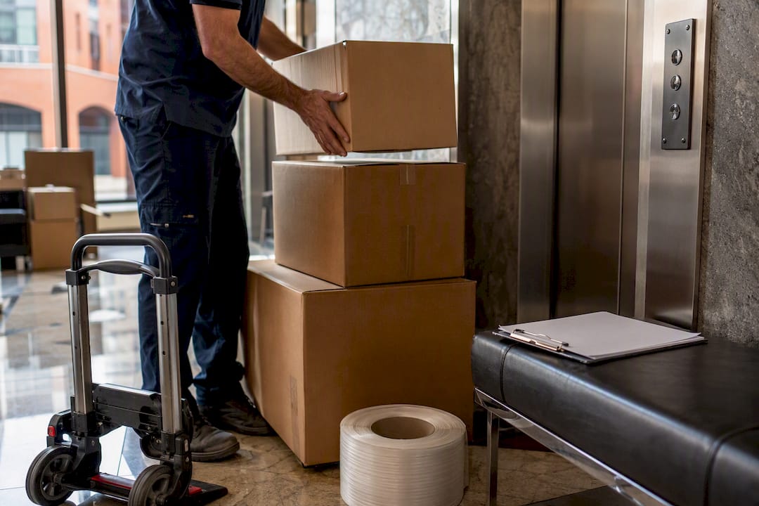 Mover arranging boxes by apartment service lift