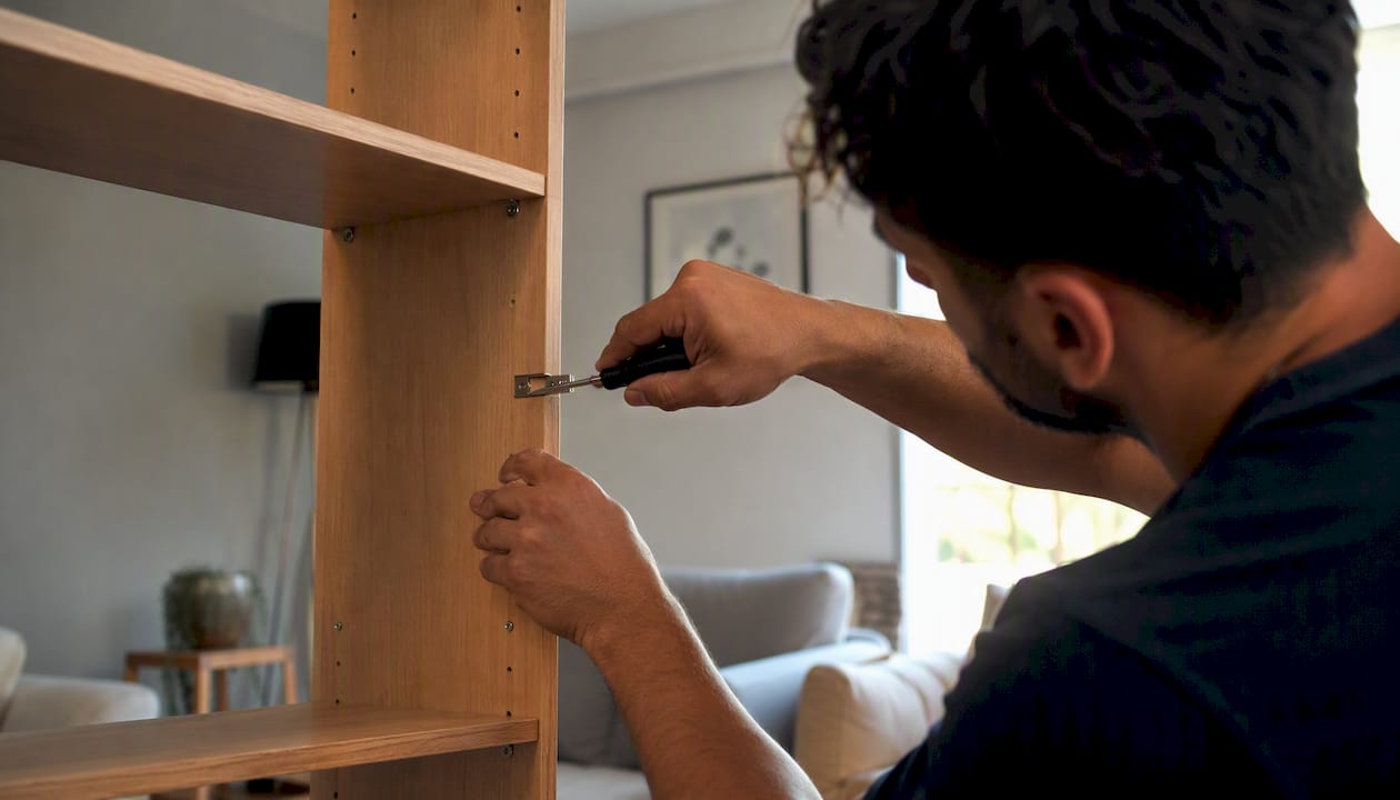 Hands disassembling bookshelf for removal
