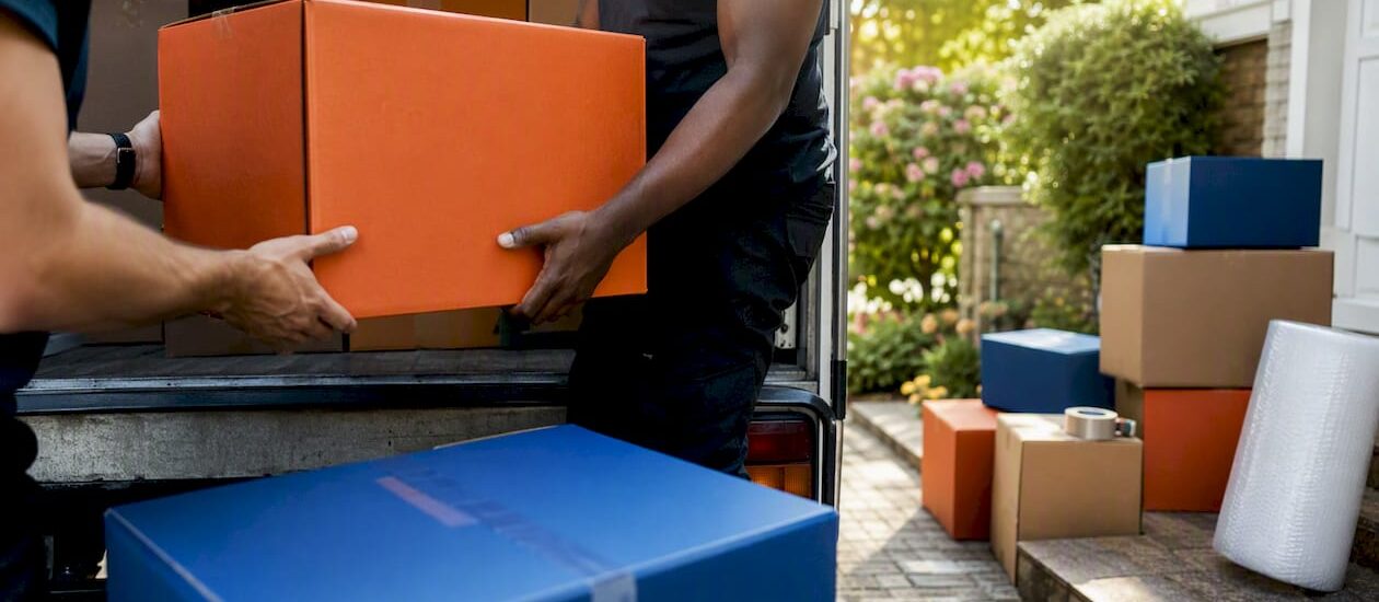 Movers loading boxes into truck