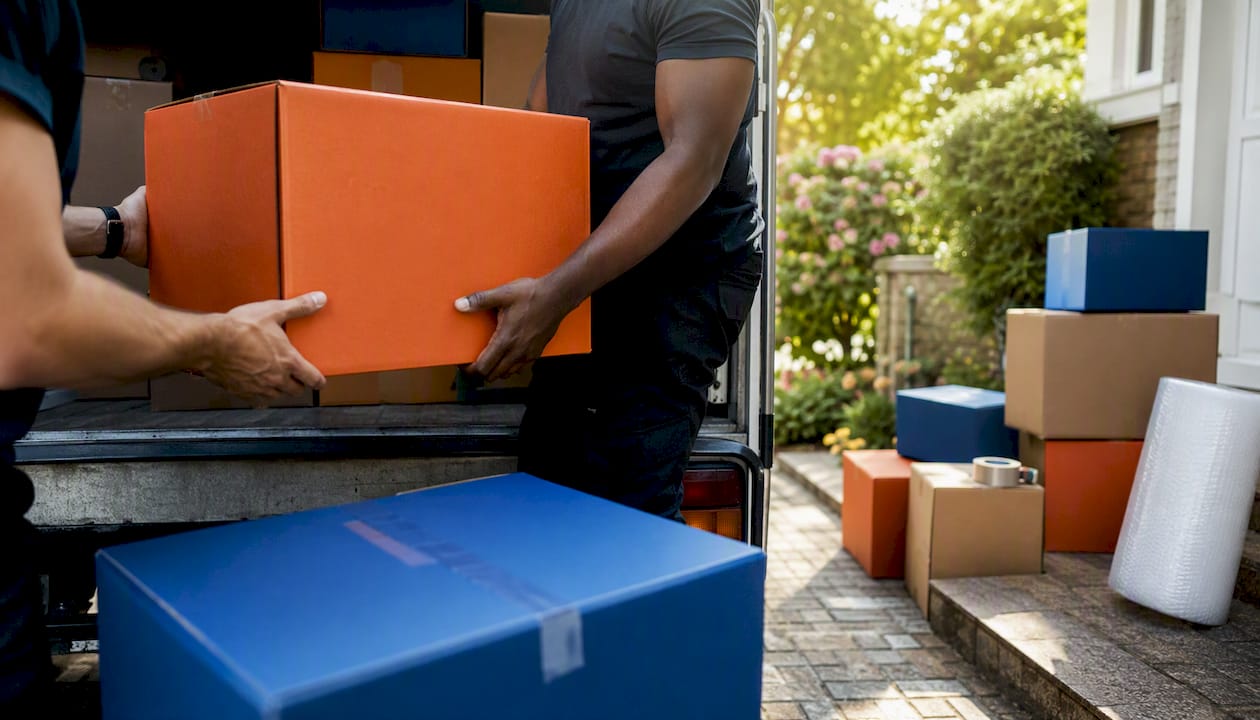 Movers loading boxes into truck