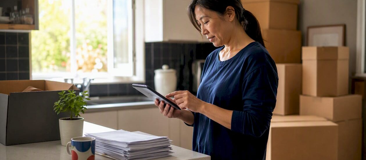 Woman coordinating moving concierge plans at home desk
