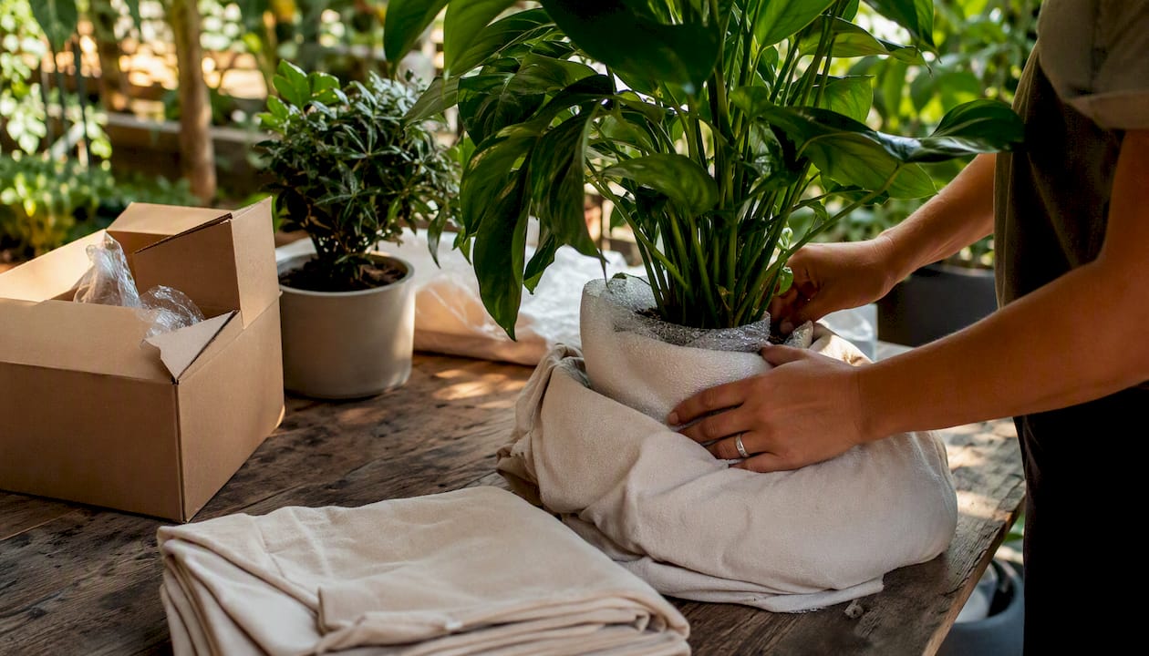 Hands packing tropical houseplant securely