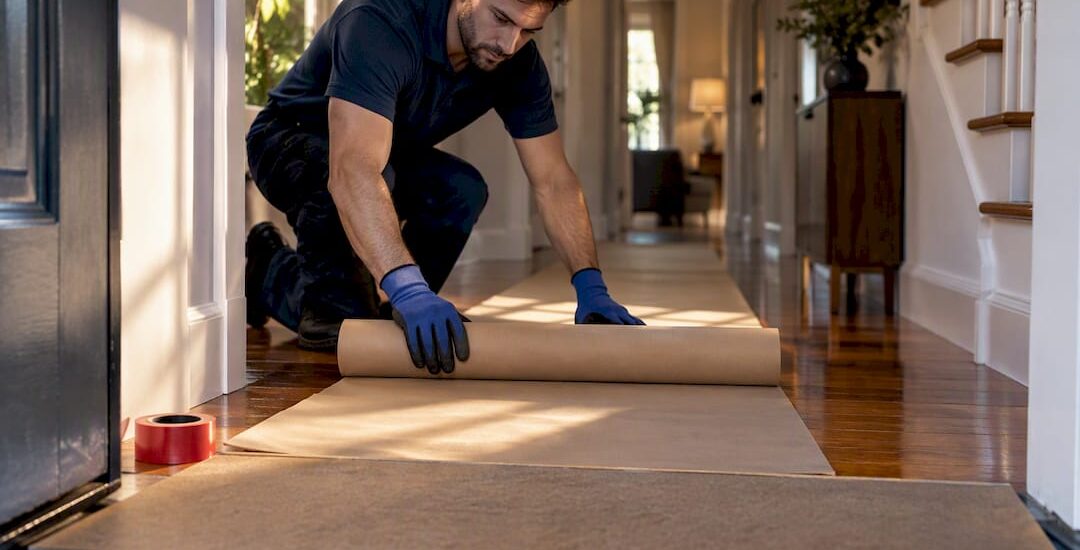 Mover laying protective paper across hardwood floor