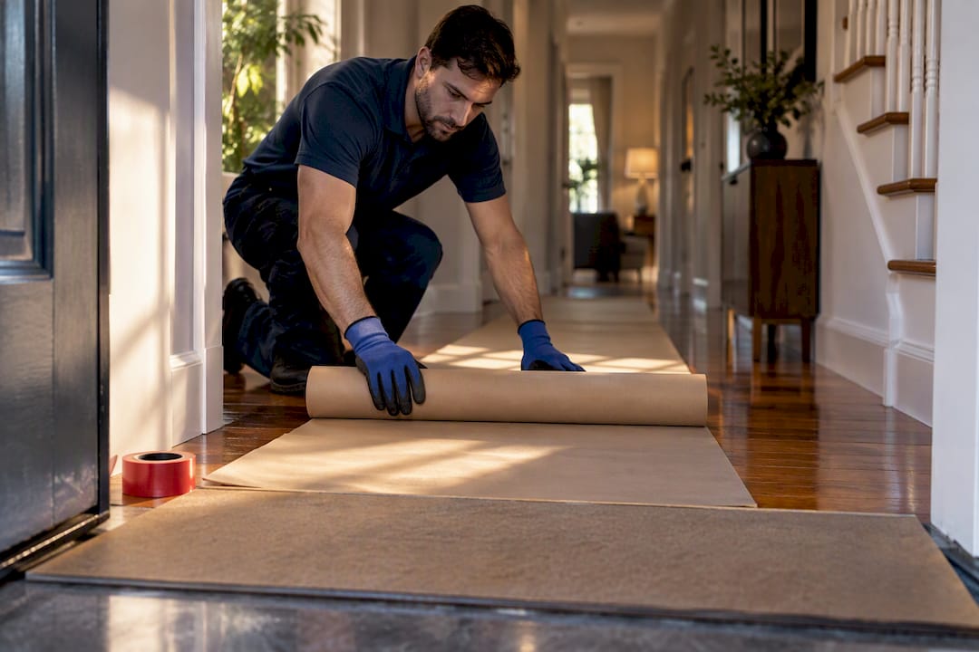 Mover laying protective paper across hardwood floor