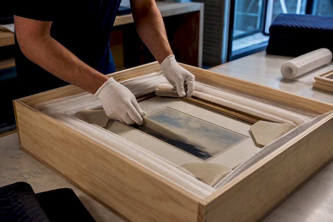 Hands protecting framed artwork for moving