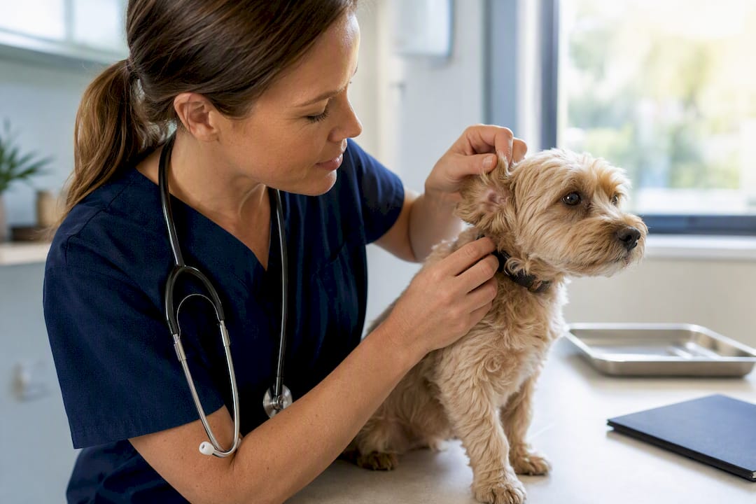 Veterinarian examining pet for relocation
