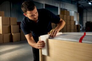 Removalist protecting household item in crate