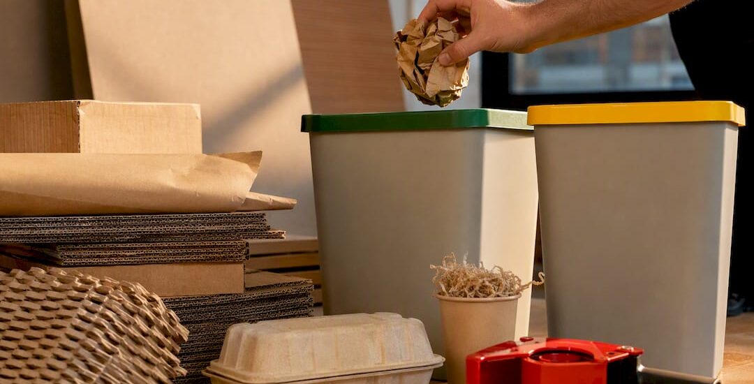 Eco-friendly packing materials sorted beside bins