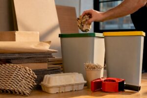 Eco-friendly packing materials sorted beside bins