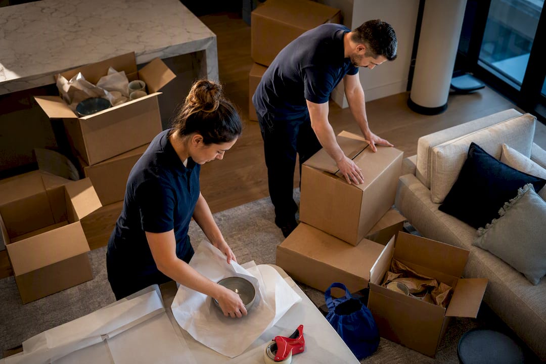 Professionals packing household items for a move