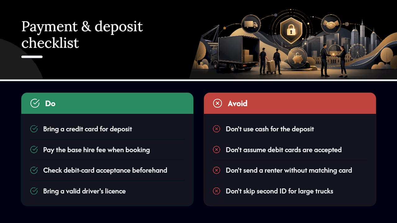 What deposit and payment methods do truck rental companies require? — overview diagram