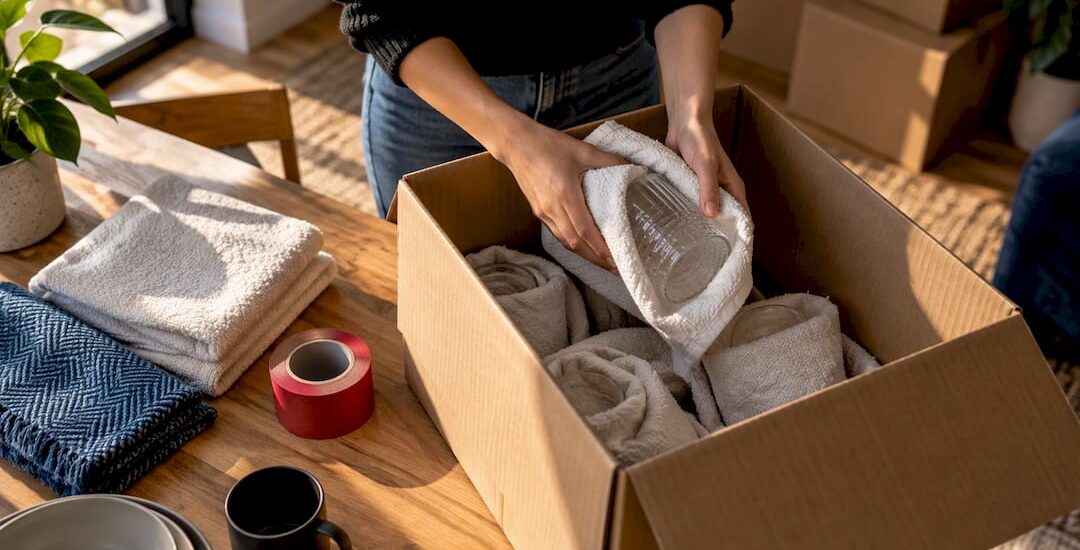 Hands reuse towels to pack moving boxes