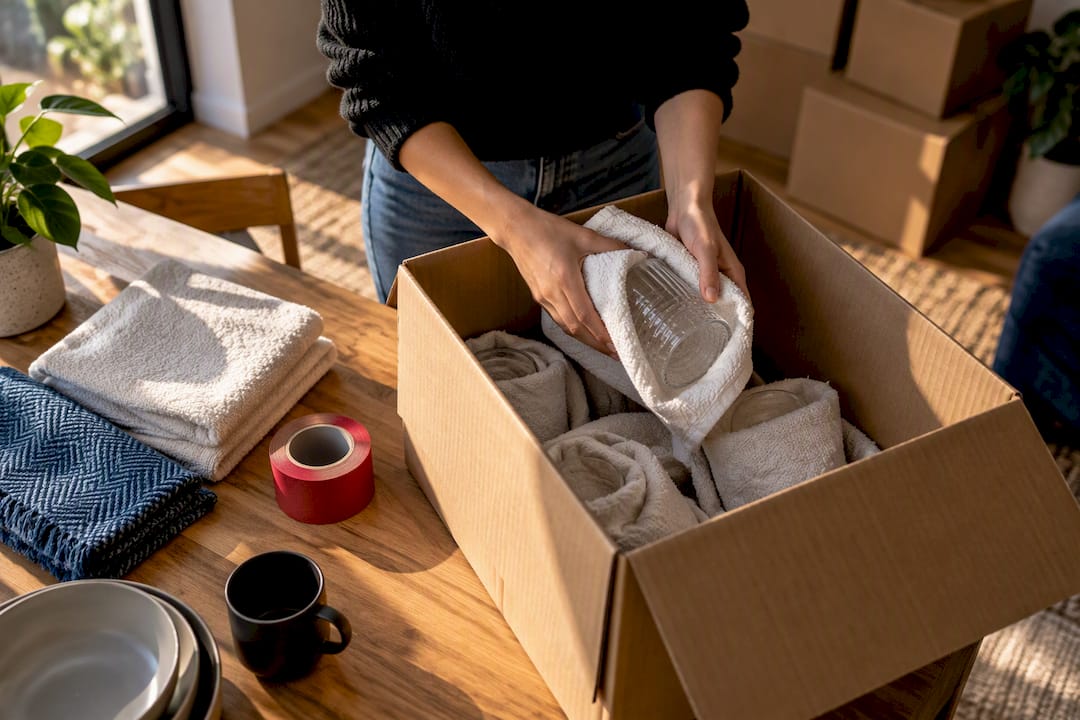 Hands reuse towels to pack moving boxes