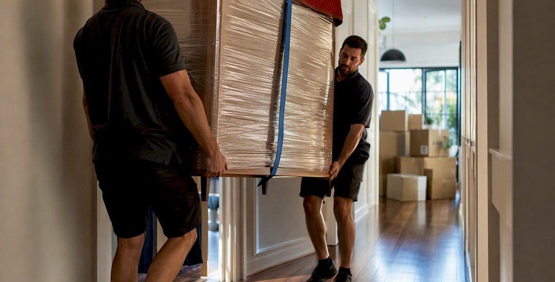 Movers carrying furniture through Australian home