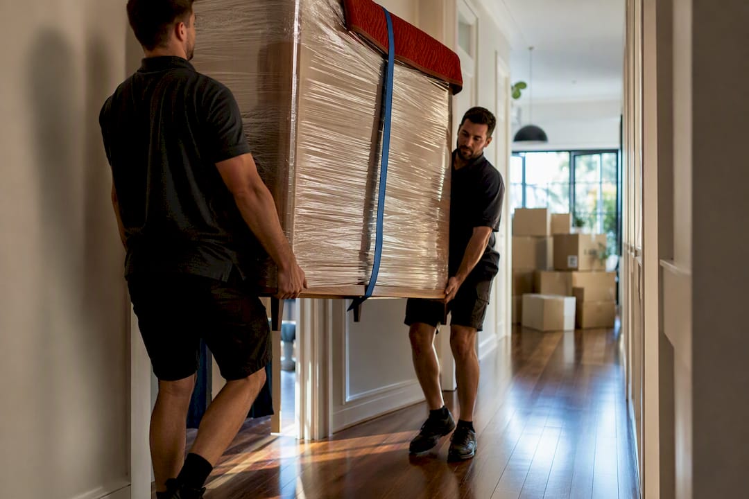 Movers carrying furniture through Australian home