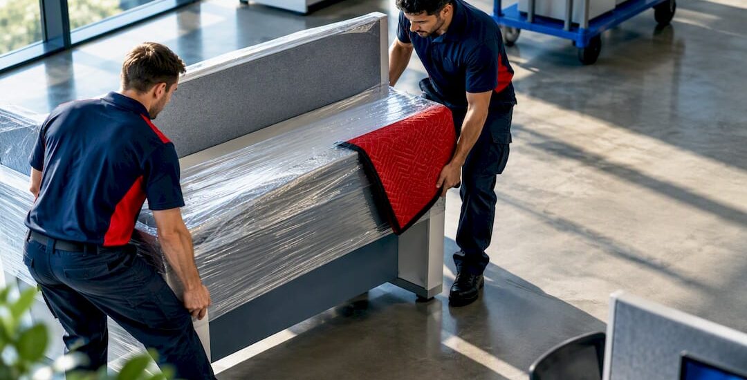 Movers positioning office equipment during restack