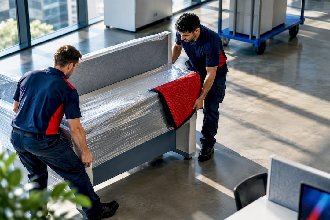 Movers positioning office equipment during restack