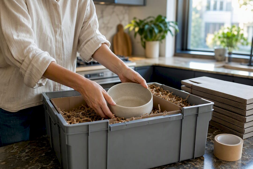 Reusable moving box with recycled paper cushioning