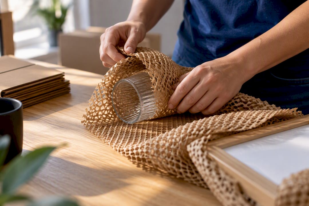 Honeycomb paper wrap protecting fragile items