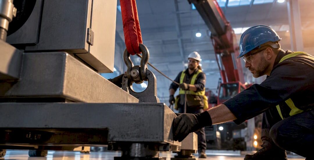 Crew securing industrial machine for relocation