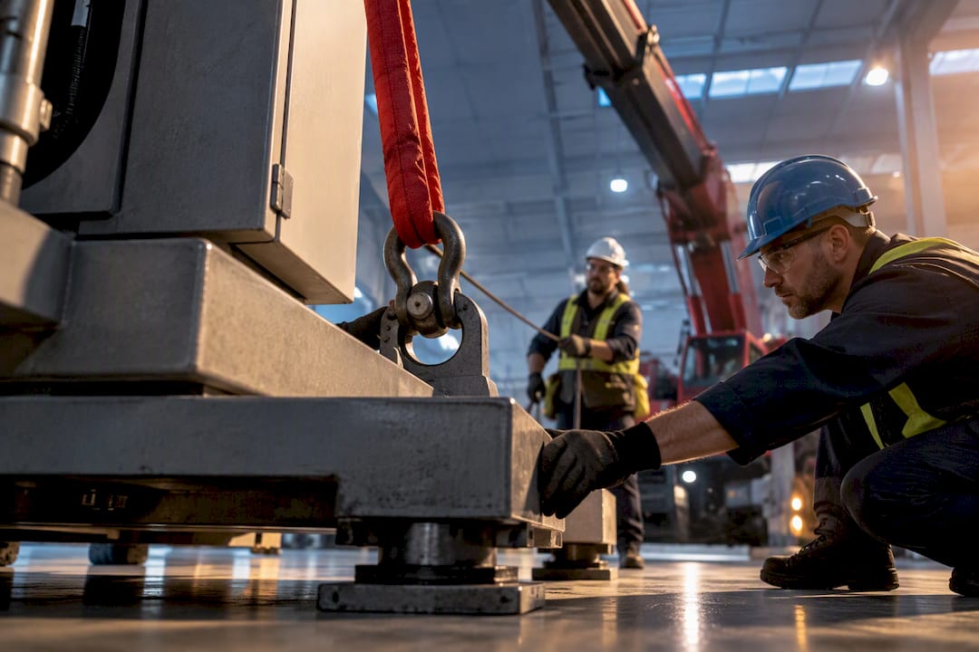 Crew securing industrial machine for relocation