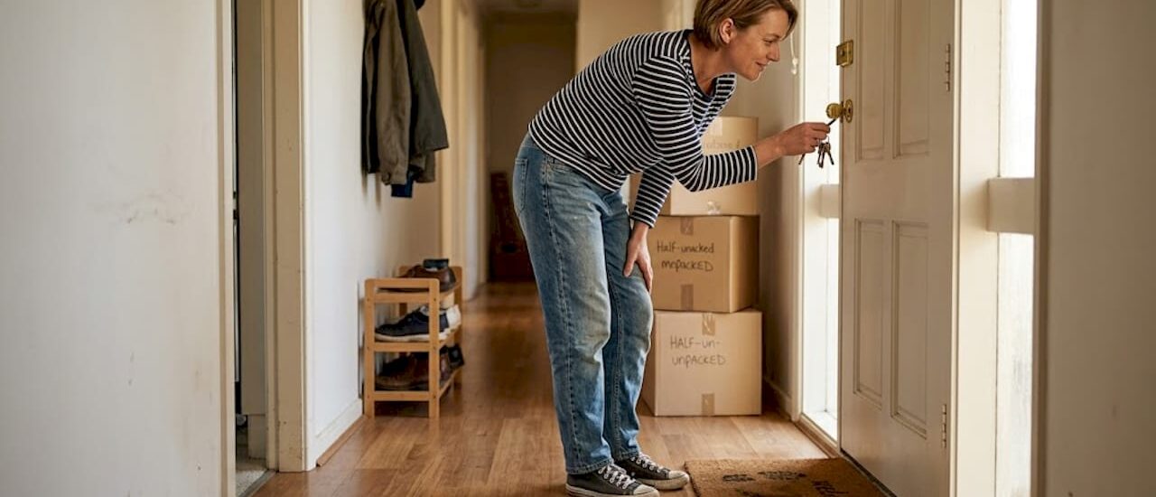 Woman checking front door lock on moving day