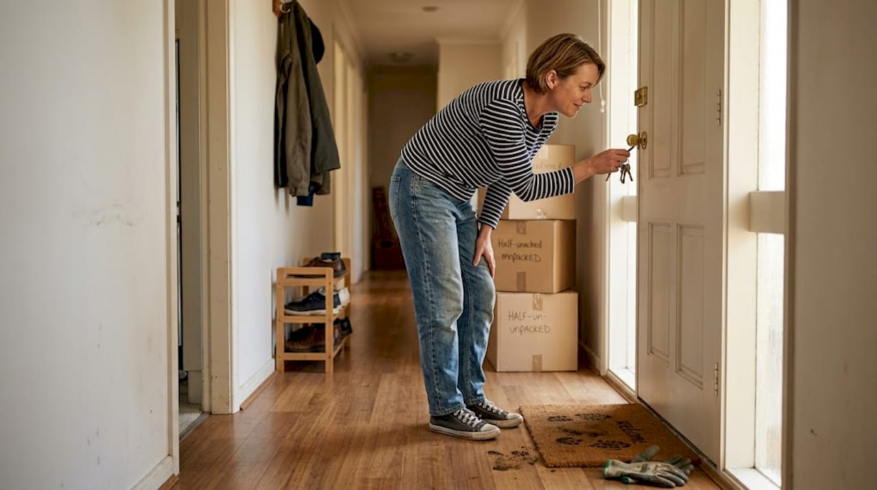 Woman checking front door lock on moving day