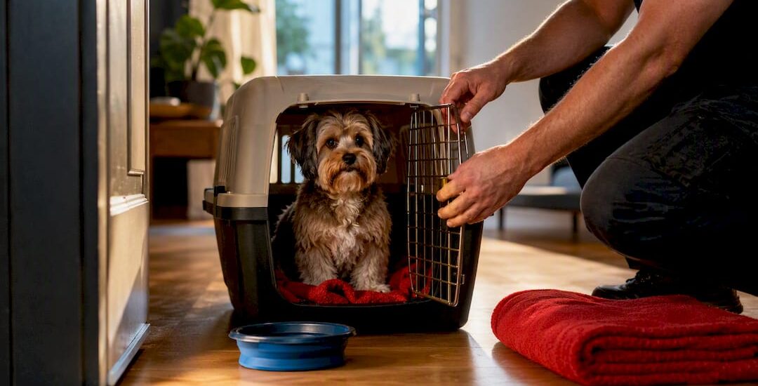Cat resting securely in carrier before Melbourne move