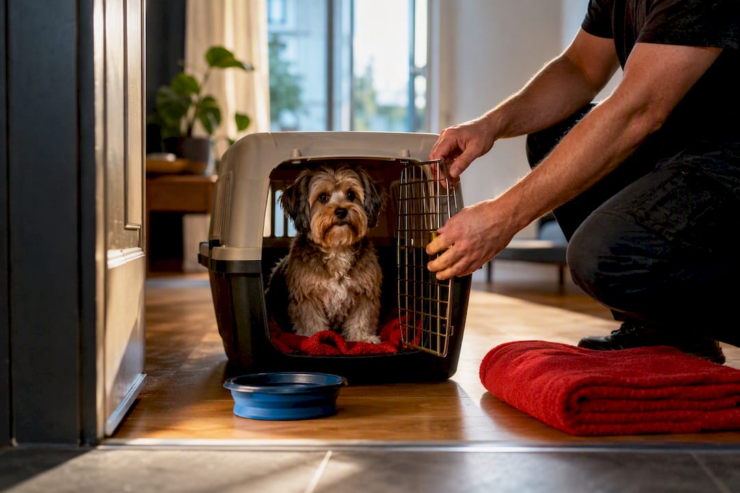 Cat resting securely in carrier before Melbourne move