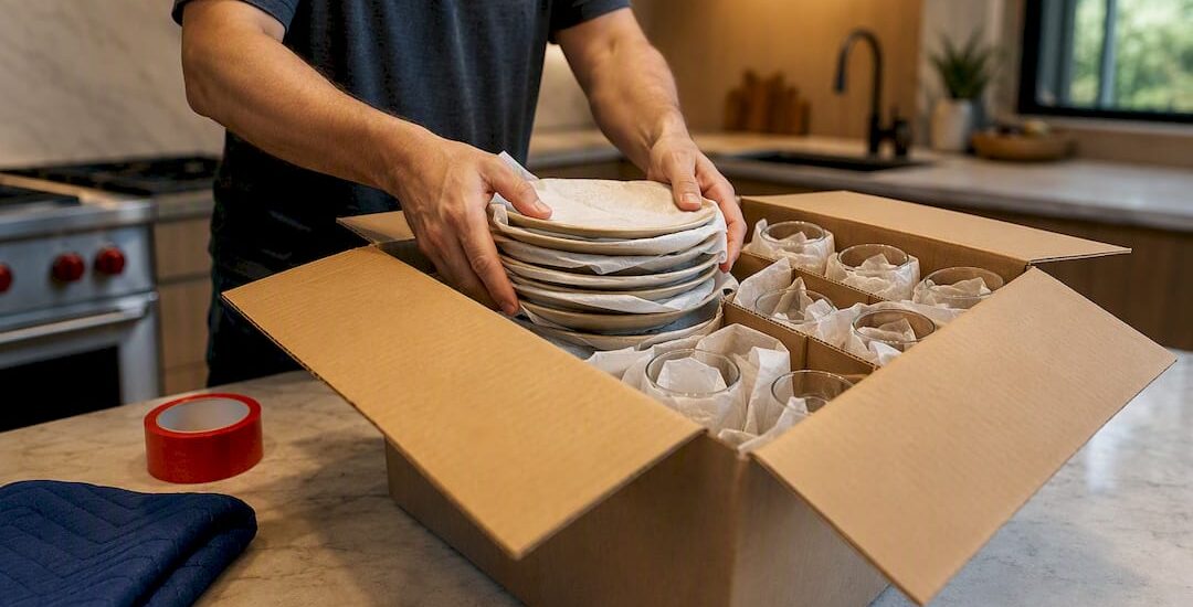 Kitchen breakables being carefully packed