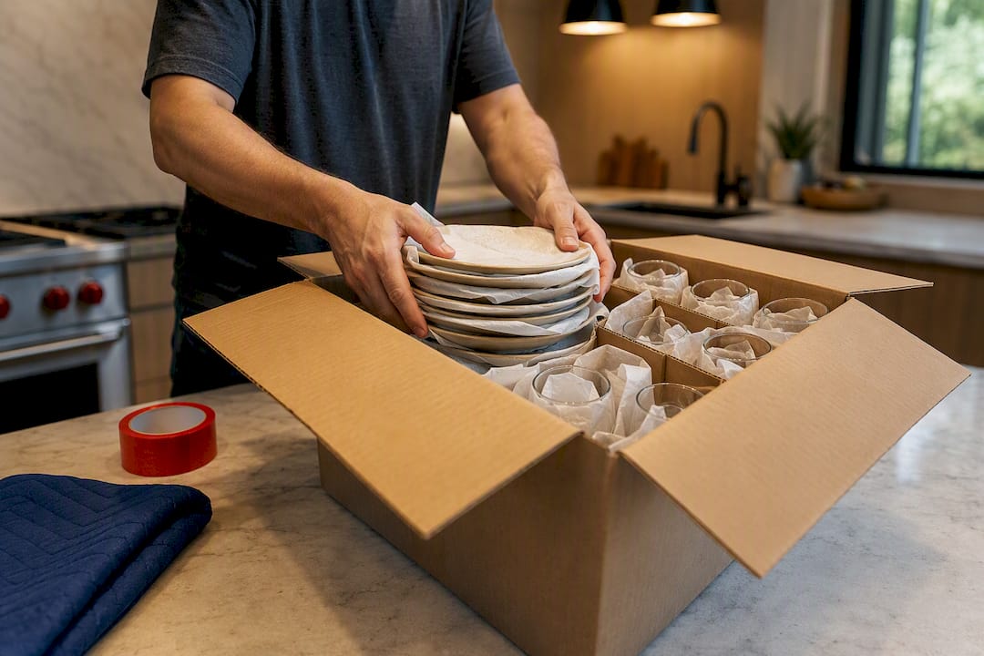 Kitchen breakables being carefully packed