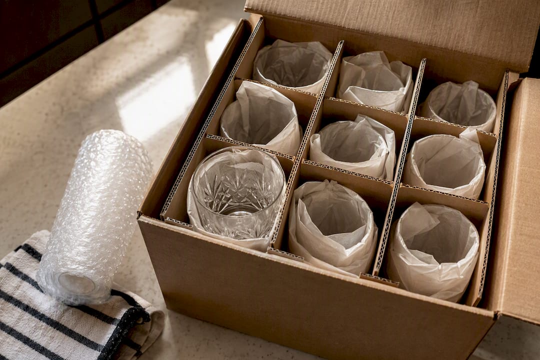 Crystal glasses separated in cardboard dividers