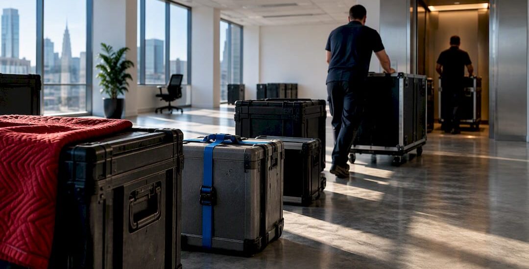 Protected IT equipment staged for office relocation