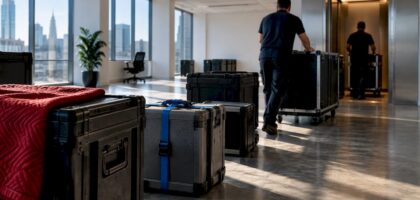 Protected IT equipment staged for office relocation