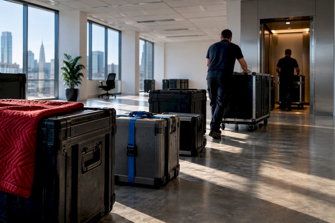 Protected IT equipment staged for office relocation