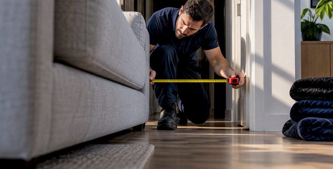 Removalist measuring furniture access at apartment doorway
