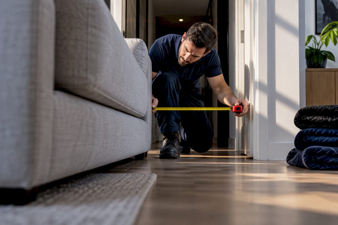 Removalist measuring furniture access at apartment doorway