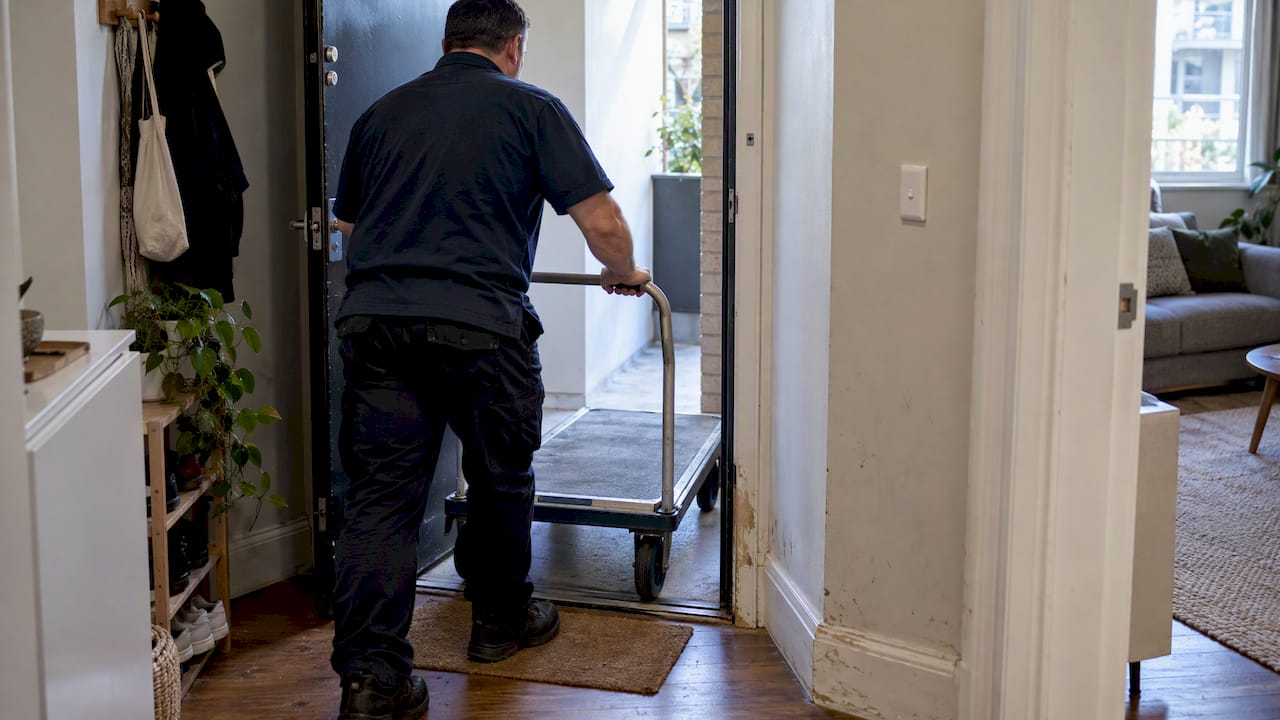 Empty trolley tested around a tight doorway