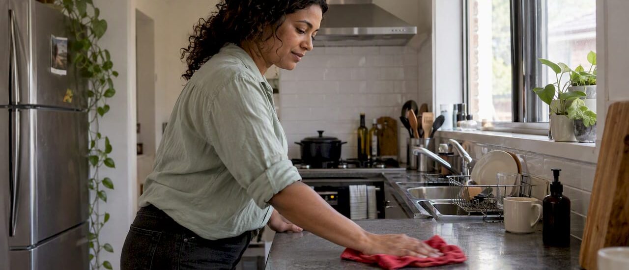 Tenant wiping a rental kitchen counter