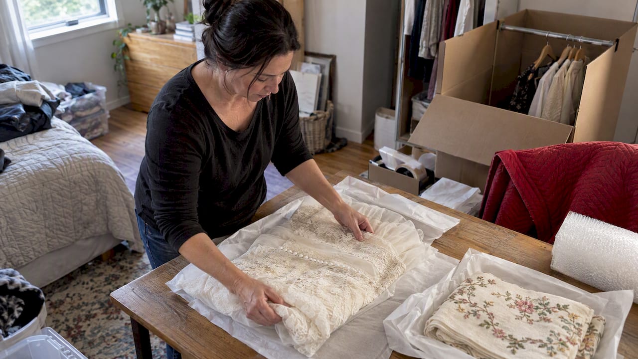 Heirloom garments being prepared for moving