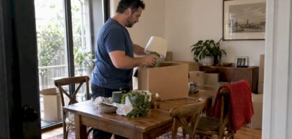 Resident packing household items into a moving box