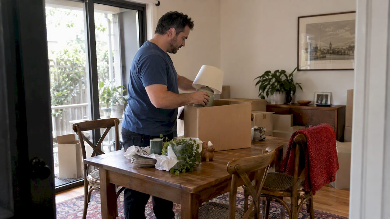 Resident packing household items into a moving box