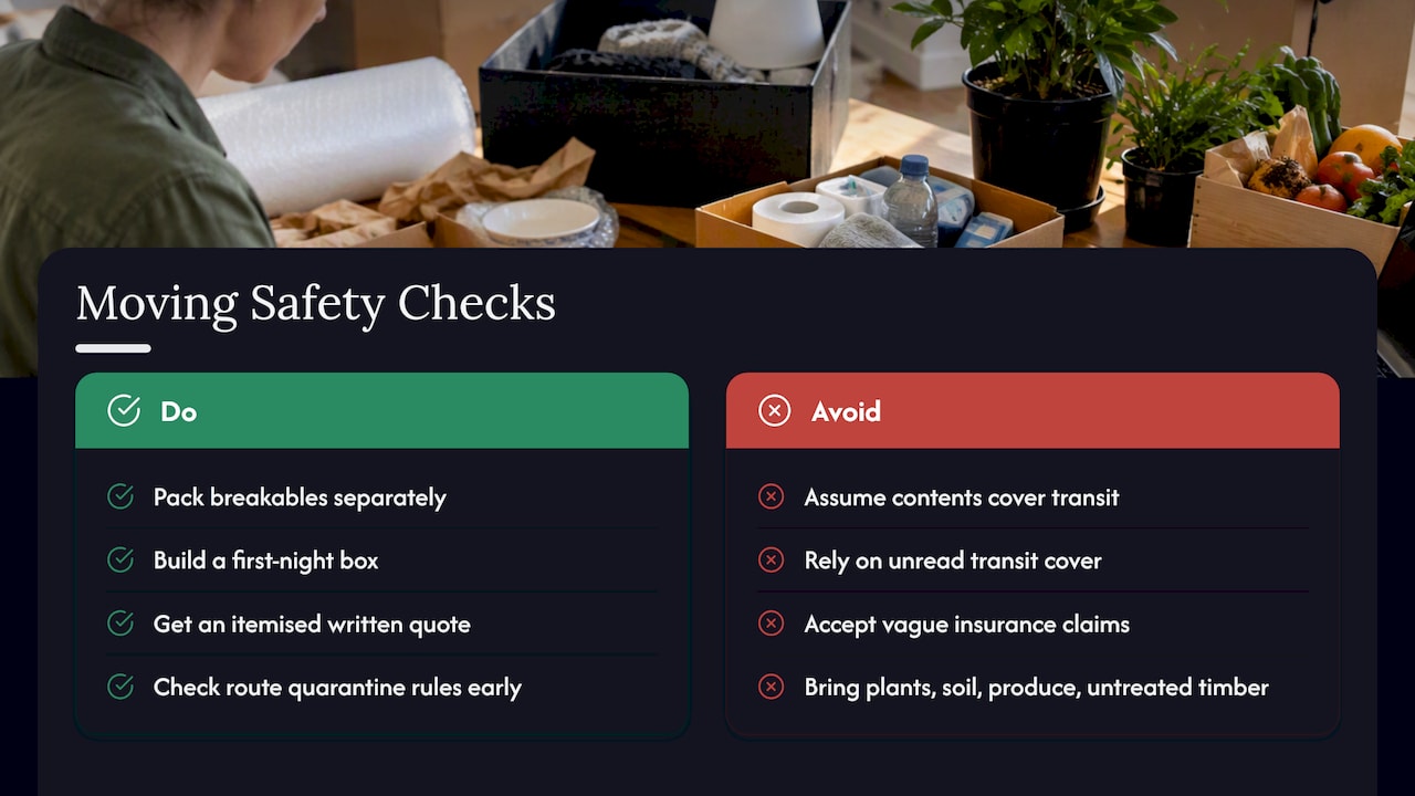 Packing, insurance and quarantine checks you can't skip — overview diagram